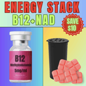 B12 methylcobalamin vial and NAD supplement container with colorful background, promoting energy stack and $10 savings.